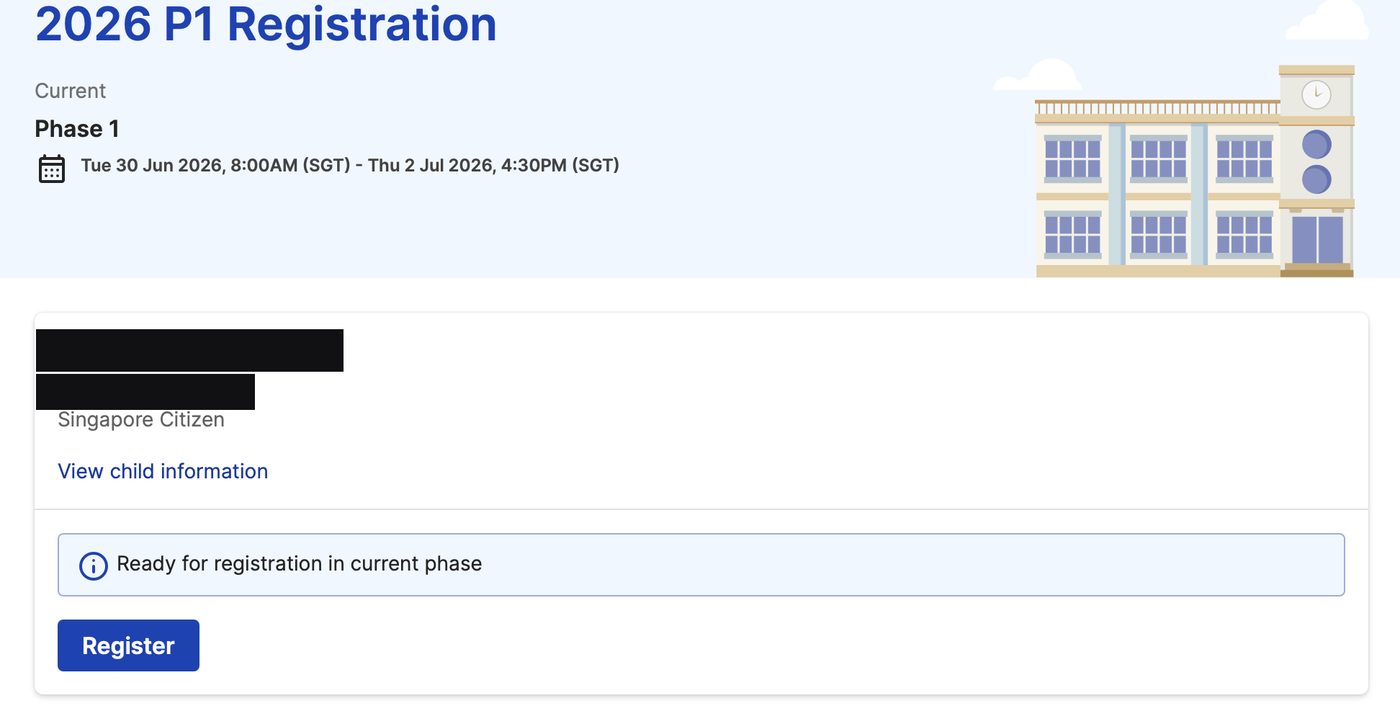 Child card with a Register button on the MOE Placement portal