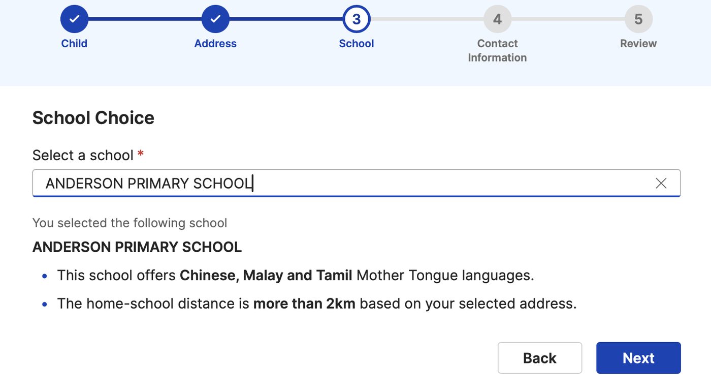 School choice step showing the selected primary school