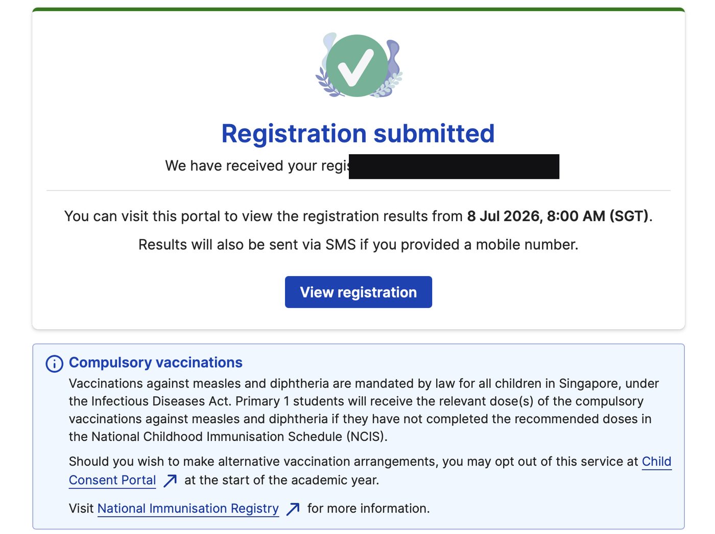Registration submitted confirmation screen